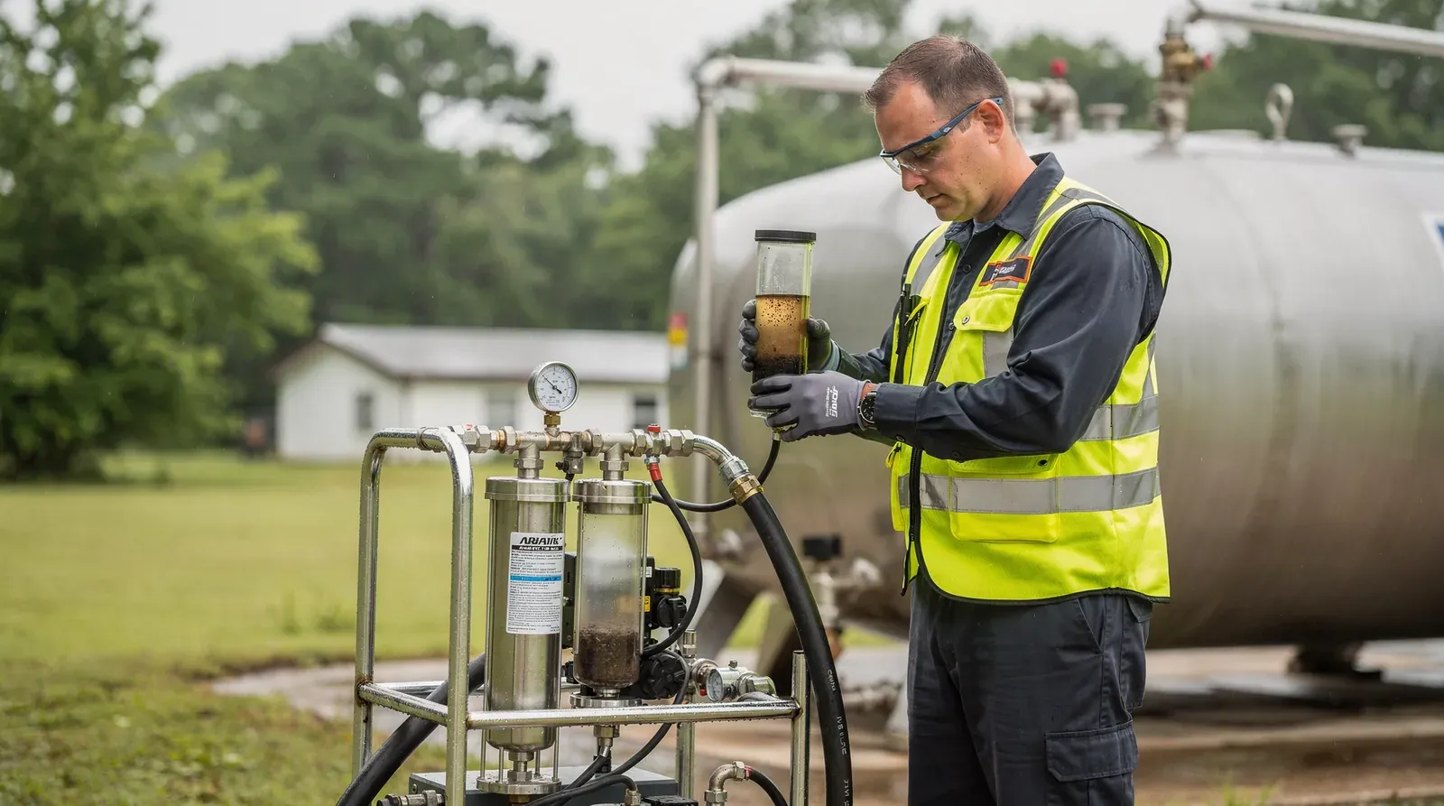 Technician holding a fuel sample beside a portable fuel polishing filter rig and storage tank