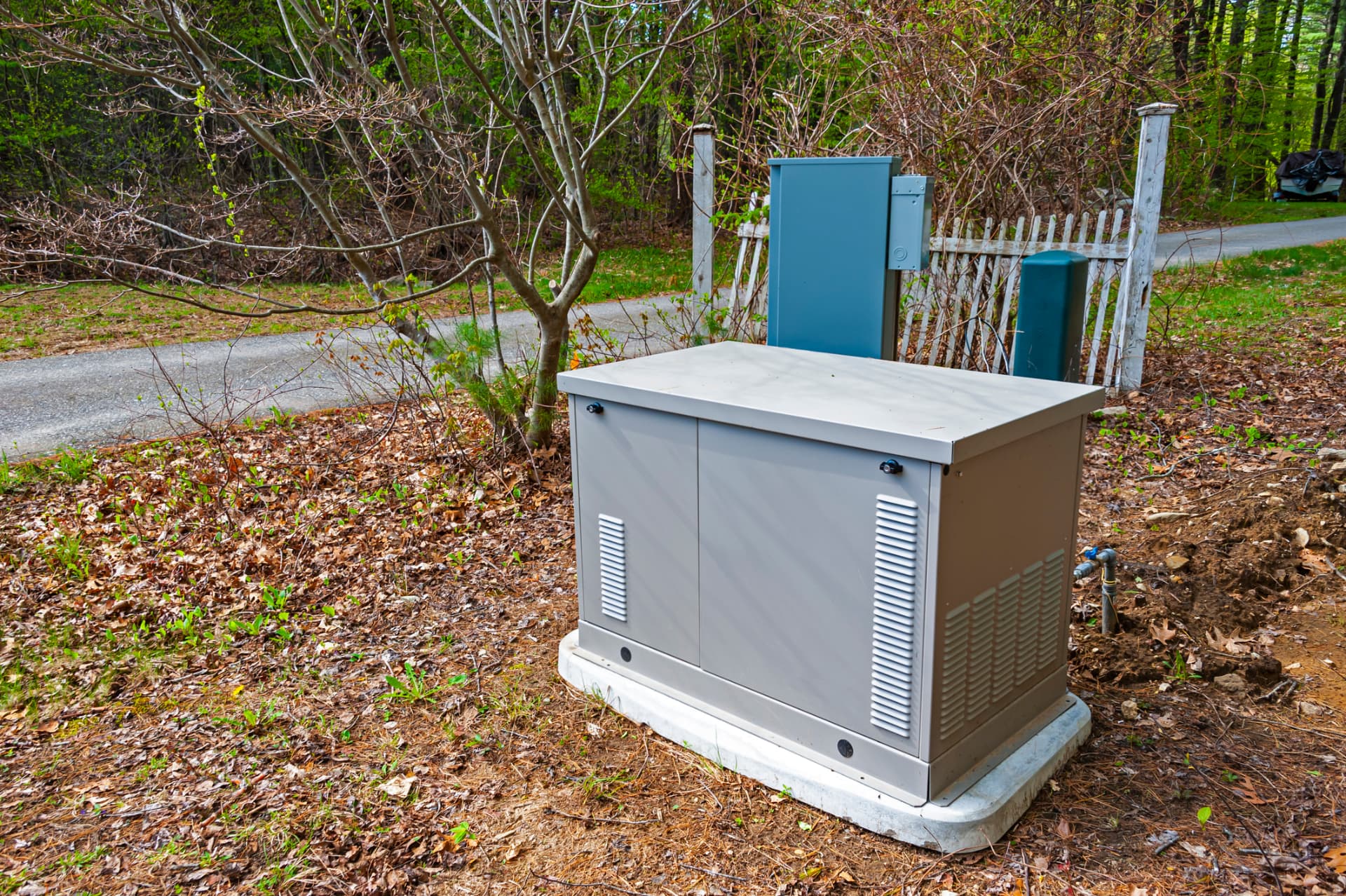 Standby generator installed at a rural property near the tree line