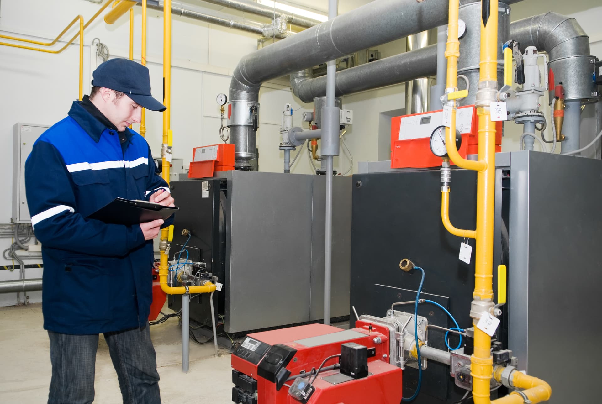 Diesel Fuelmasters technician documenting fuel polishing results in a mechanical room
