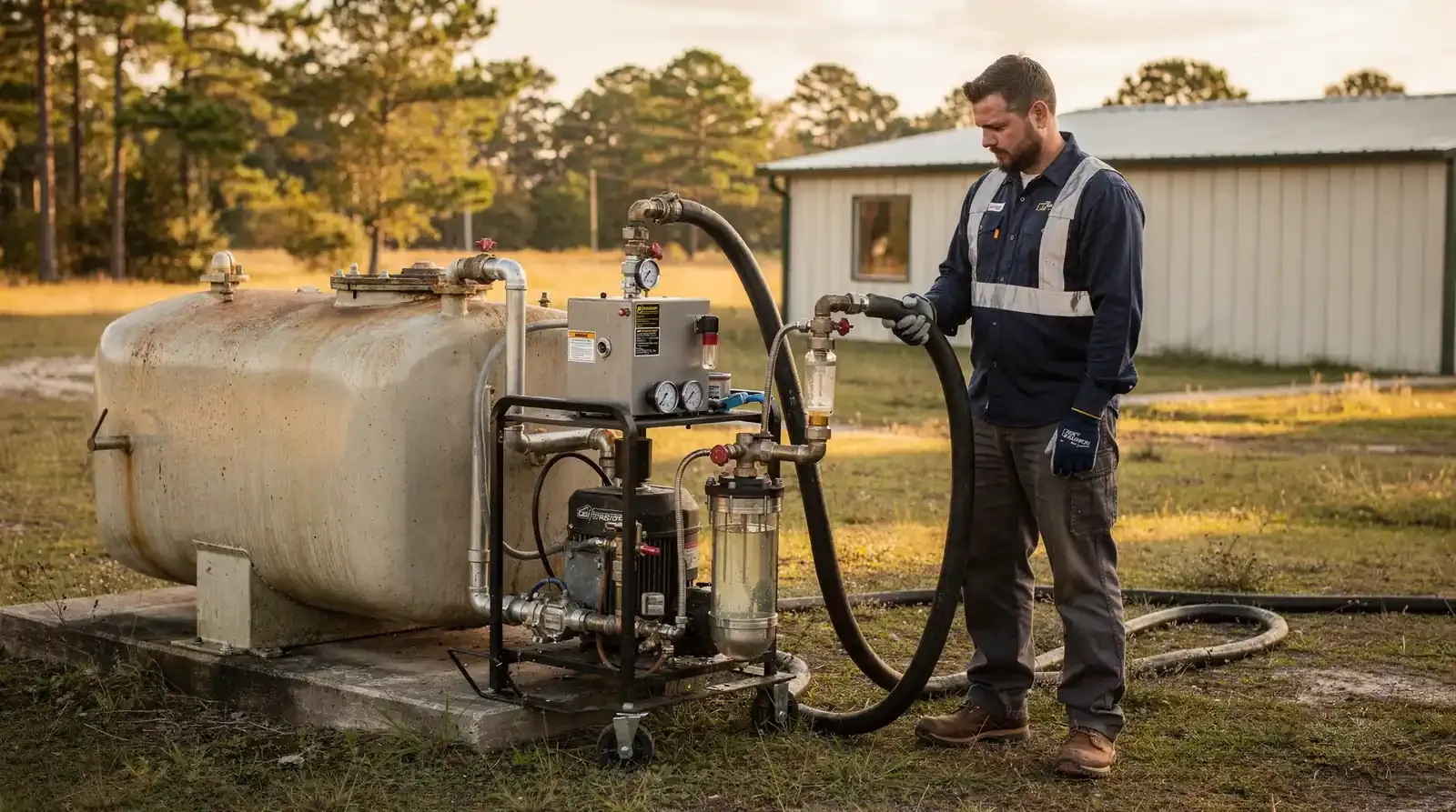 Technician connecting a portable fuel polishing rig to an above-ground diesel storage tank