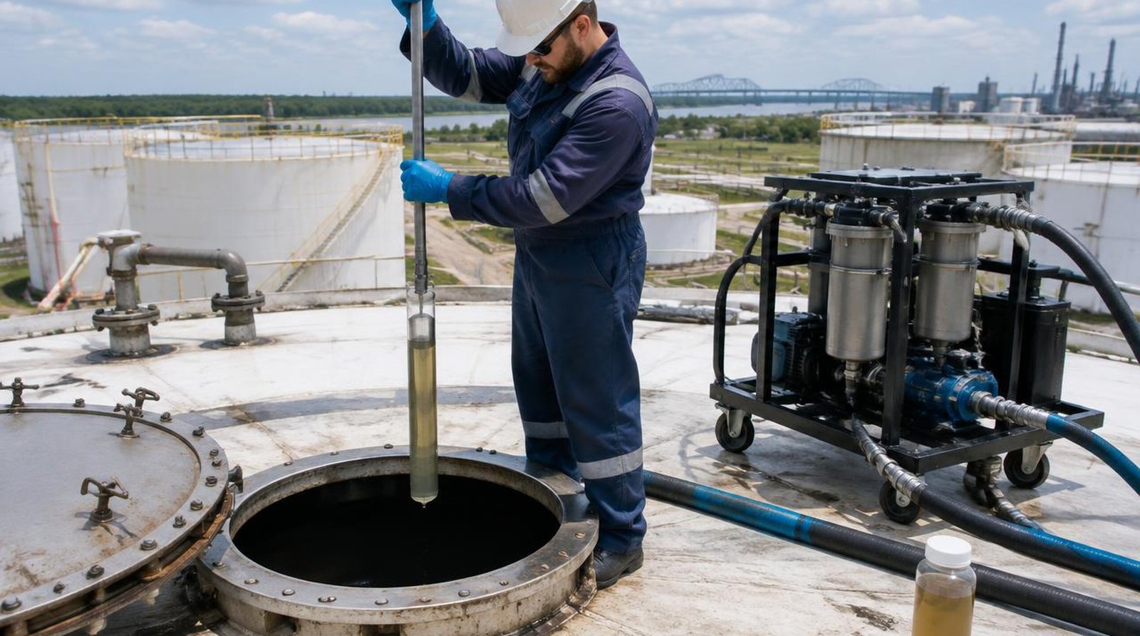 Representative image of a technician drawing a diesel sample from a storage tank hatch beside portable fuel polishing equipment