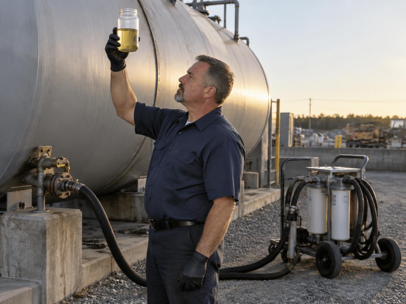 Richard Harris, owner of Diesel Fuelmasters, testing fuel system equipment on a job site in Louisiana